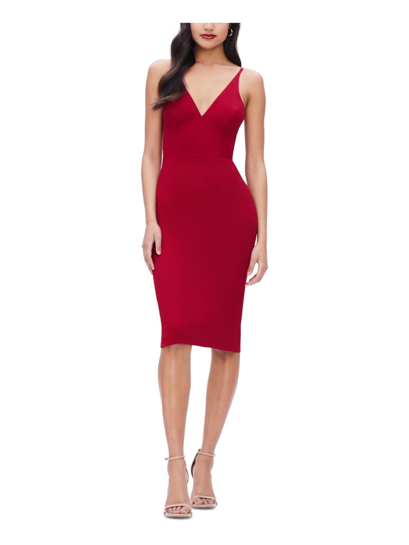 DRESS THE POPULATION Womens Red Zippered Slitted Lined Sleeveless V Neck Knee Length Cocktail Body Con Dress S