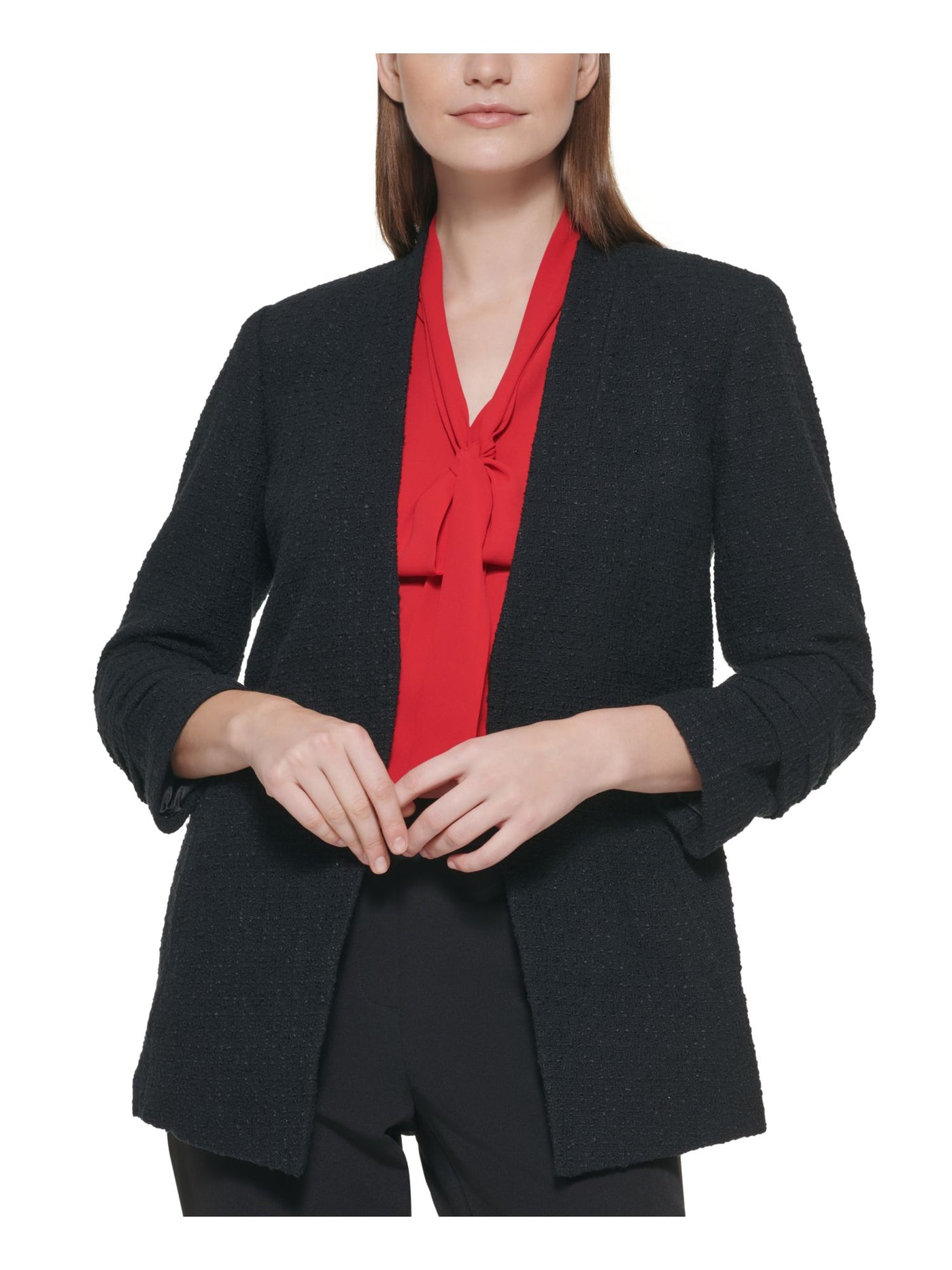 CALVIN KLEIN Womens Black Textured Open Front Layered Sleeve Detail Lined Wear To Work Blazer Jacket 0