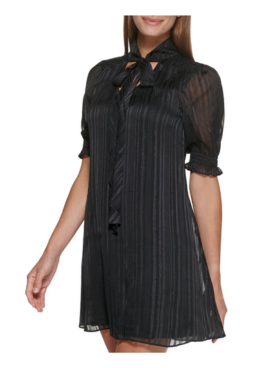 DKNY Womens Black Zippered Smocked Sheer Lined Pinstripe Pouf Sleeve Tie Neck Above The Knee Party Shift Dress 10