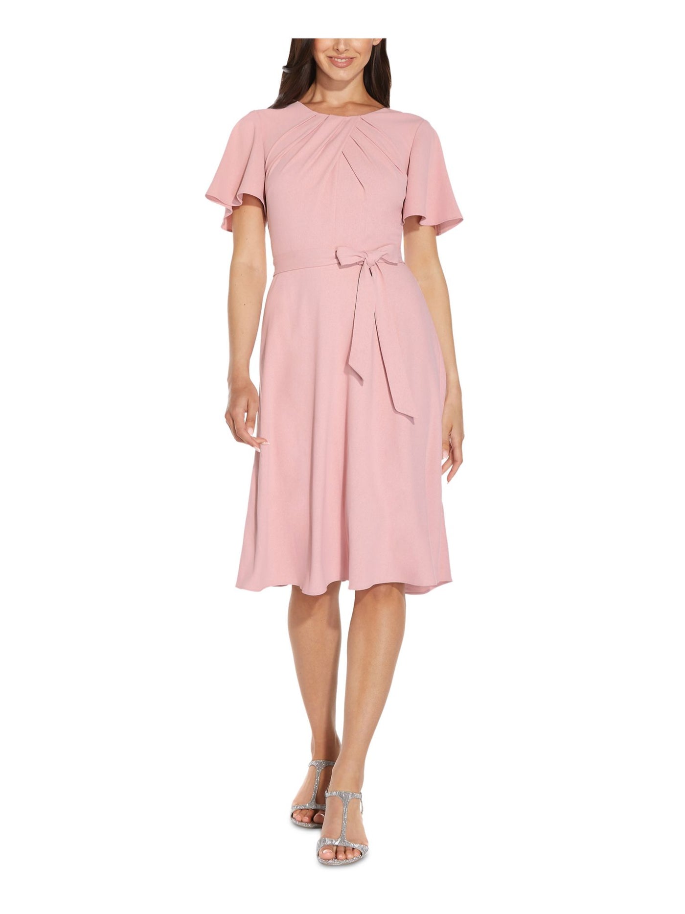 ADRIANNA PAPELL Womens Pink Tie Flutter Sleeve Crew Neck Knee Length Wear To Work Fit + Flare Dress 14