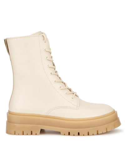 OLIVIA MILLER Womens Beige Pull Tab 1-1/2" Platform Lug Sole Lace Amina Round Toe Block Heel Zip-Up Combat Boots 10