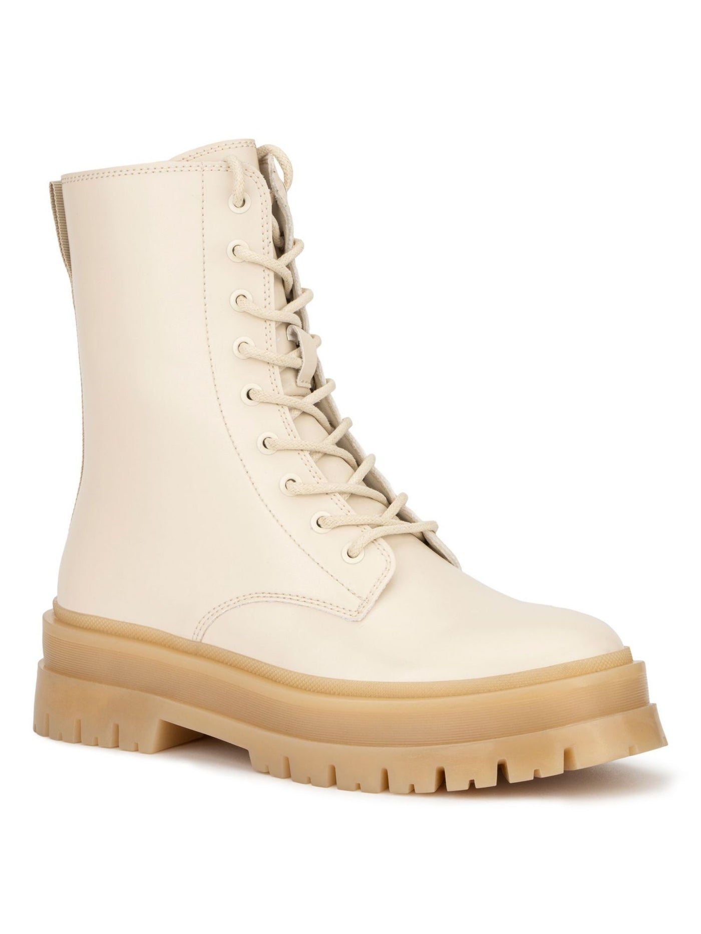 OLIVIA MILLER Womens Beige Pull Tab 1-1/2" Platform Lug Sole Lace Amina Round Toe Block Heel Zip-Up Combat Boots 10