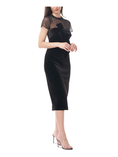JS COLLECTION Womens Slitted Lined Short Sleeve Illusion Neckline Midi Evening Body Con Dress