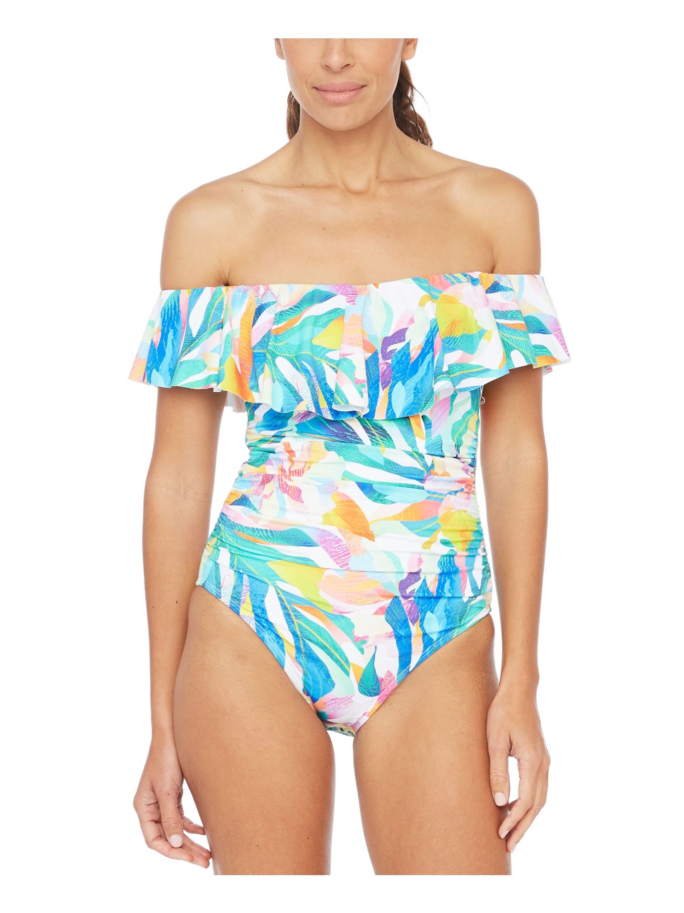 LA BLANCA Women's Blue Tropical Print Stretch Removable Cups Lined Full Coverage Ruffled Wild Tropic Off The Shoulder One Piece Swimsuit 6