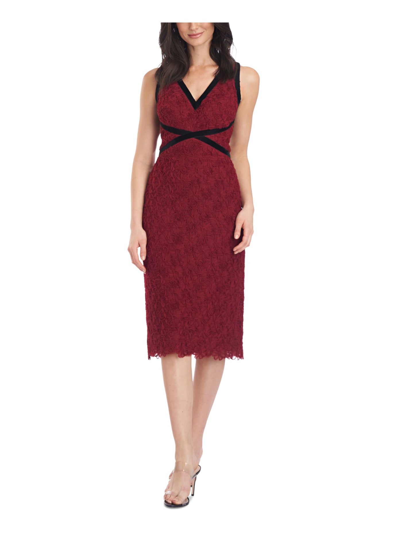 JS COLLECTION Womens Red Zippered Contrast Velvet Trim Lined Sleeveless V Neck Below The Knee Party Body Con Dress 2