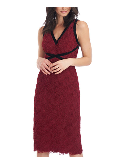 JS COLLECTION Womens Red Zippered Contrast Velvet Trim Lined Sleeveless V Neck Below The Knee Party Body Con Dress 2