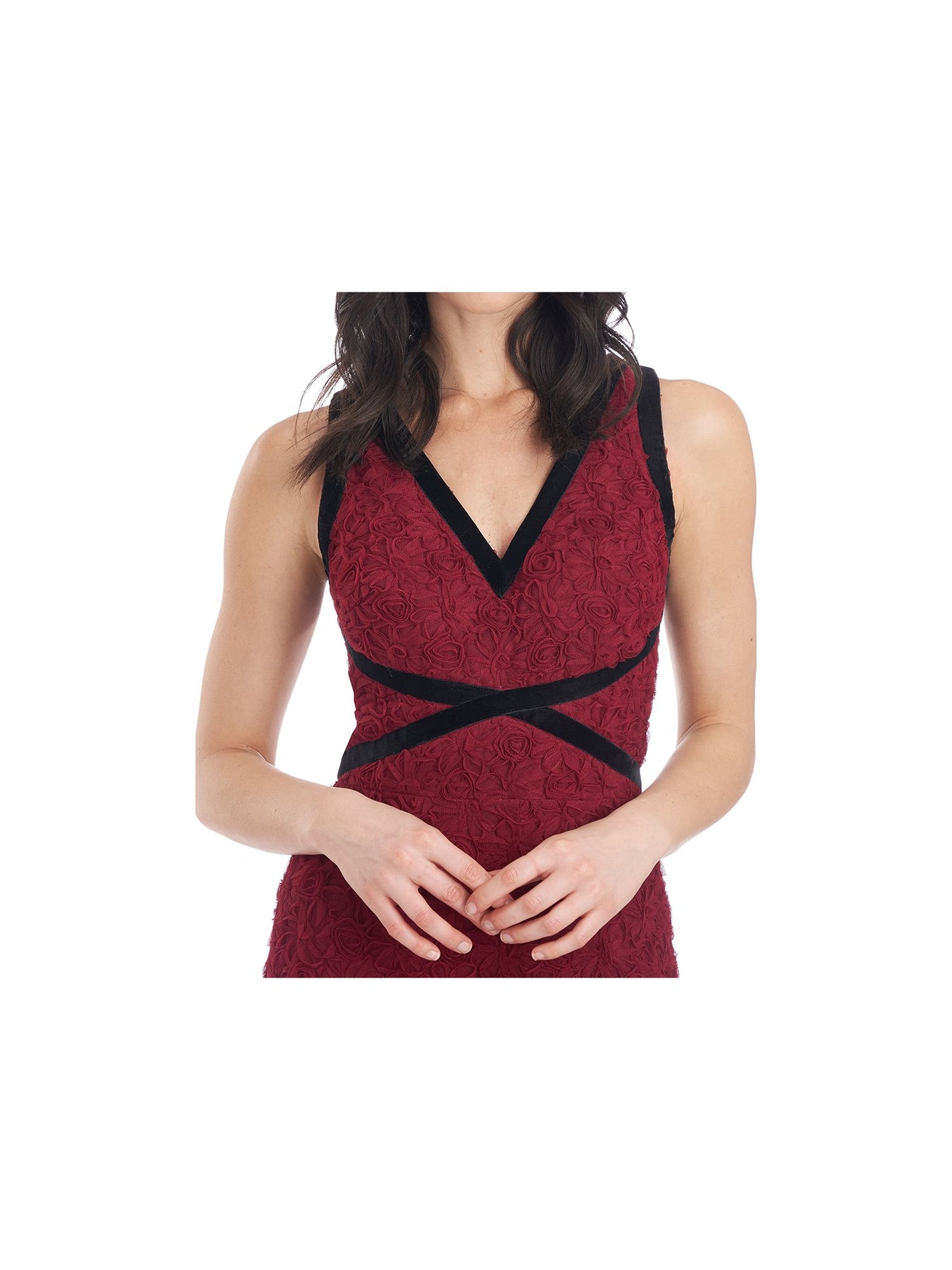 JS COLLECTION Womens Maroon Zippered Contrast Velvet Trim Lined Sleeveless V Neck Below The Knee Party Body Con Dress 6