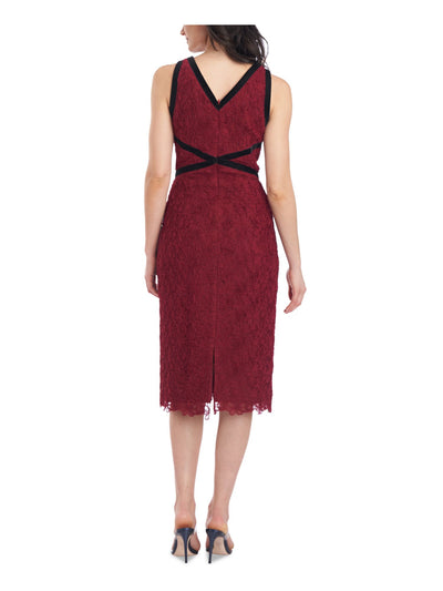 JS COLLECTIONS Womens Maroon Zippered Contrast Velvet Trim Lined Sleeveless V Neck Below The Knee Party Body Con Dress 14
