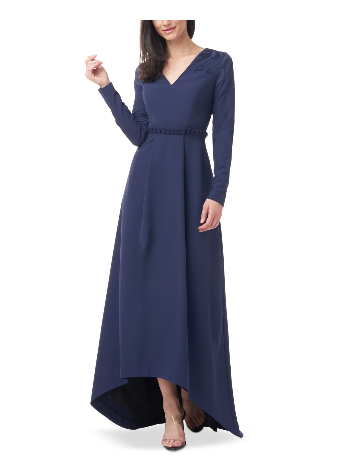 JS COLLECTION Womens Navy Stretch Zippered Pleated Ruffled Waist Hi-lo Hem Long Sleeve V Neck Full-Length Party Fit + Flare Dress 6