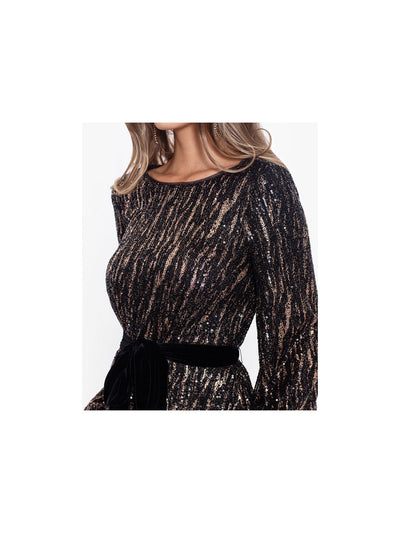 BETSY & ADAM Womens Sequined Metallic Button Back Velvet Tie At Waist Bell Sleeve Boat Neck Short Party Fit + Flare Dress