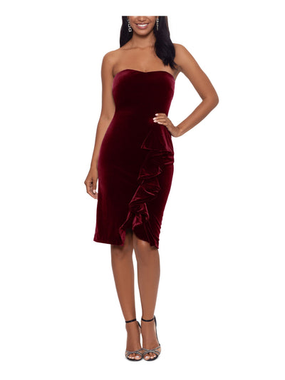 BETSY & ADAM Womens Burgundy Stretch Zippered Ruffled Slit  Lined Sleeveless Sweetheart Neckline Above The Knee Evening Sheath Dress 8