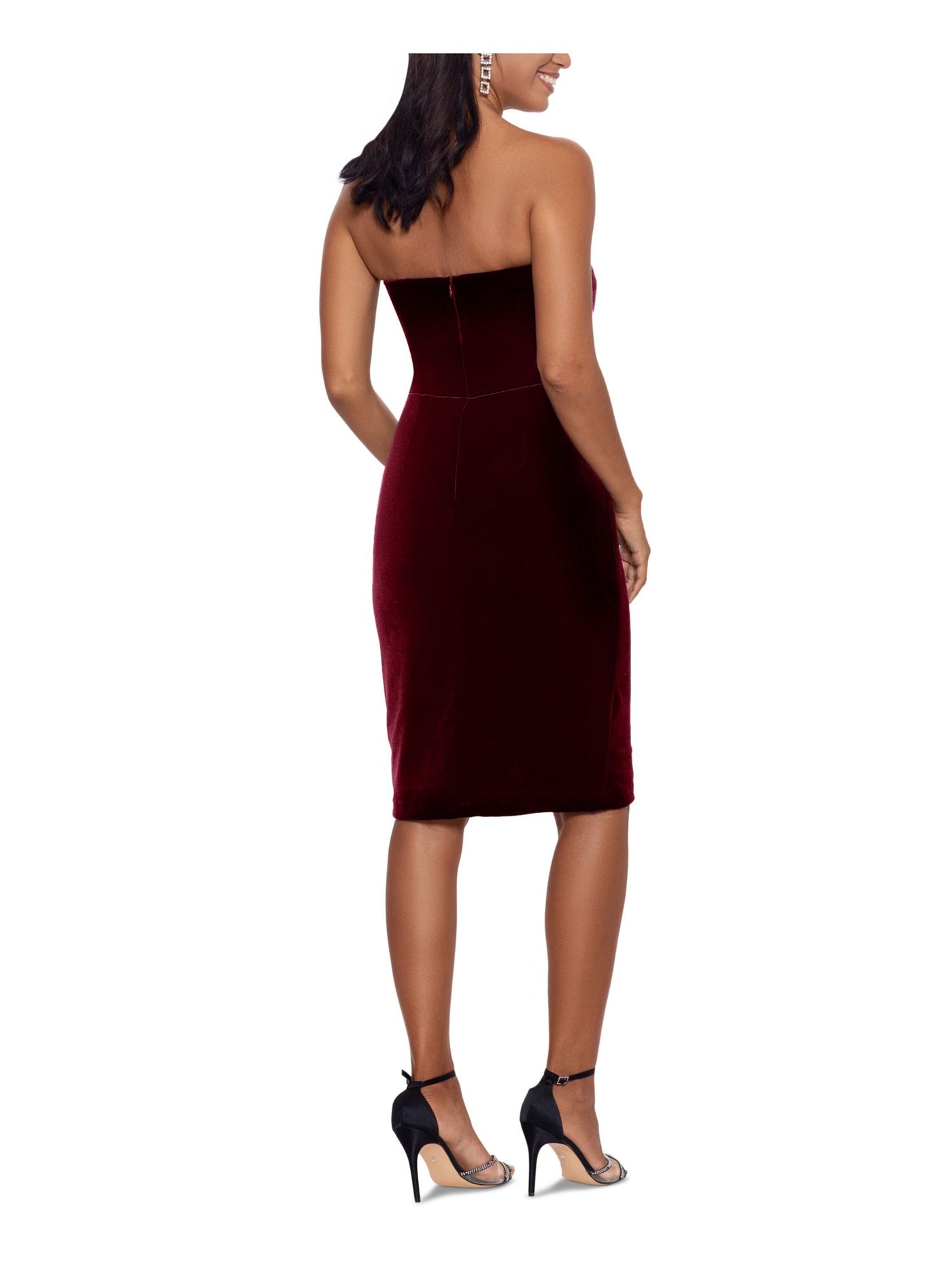 BETSY & ADAM Womens Burgundy Stretch Zippered Ruffled Slit  Lined Sleeveless Sweetheart Neckline Above The Knee Evening Sheath Dress 4