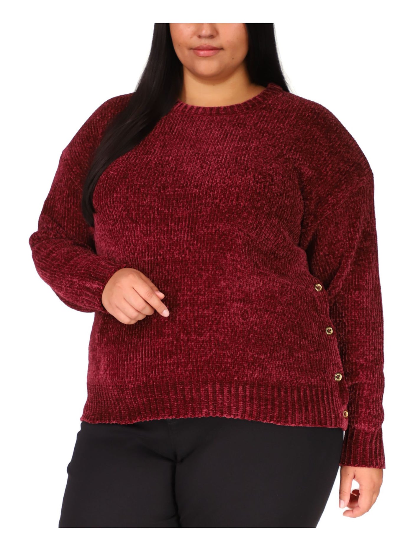 MICHAEL KORS Womens Maroon Stretch Ribbed Button Detail Long Sleeve Round Neck Sweater Plus 3X