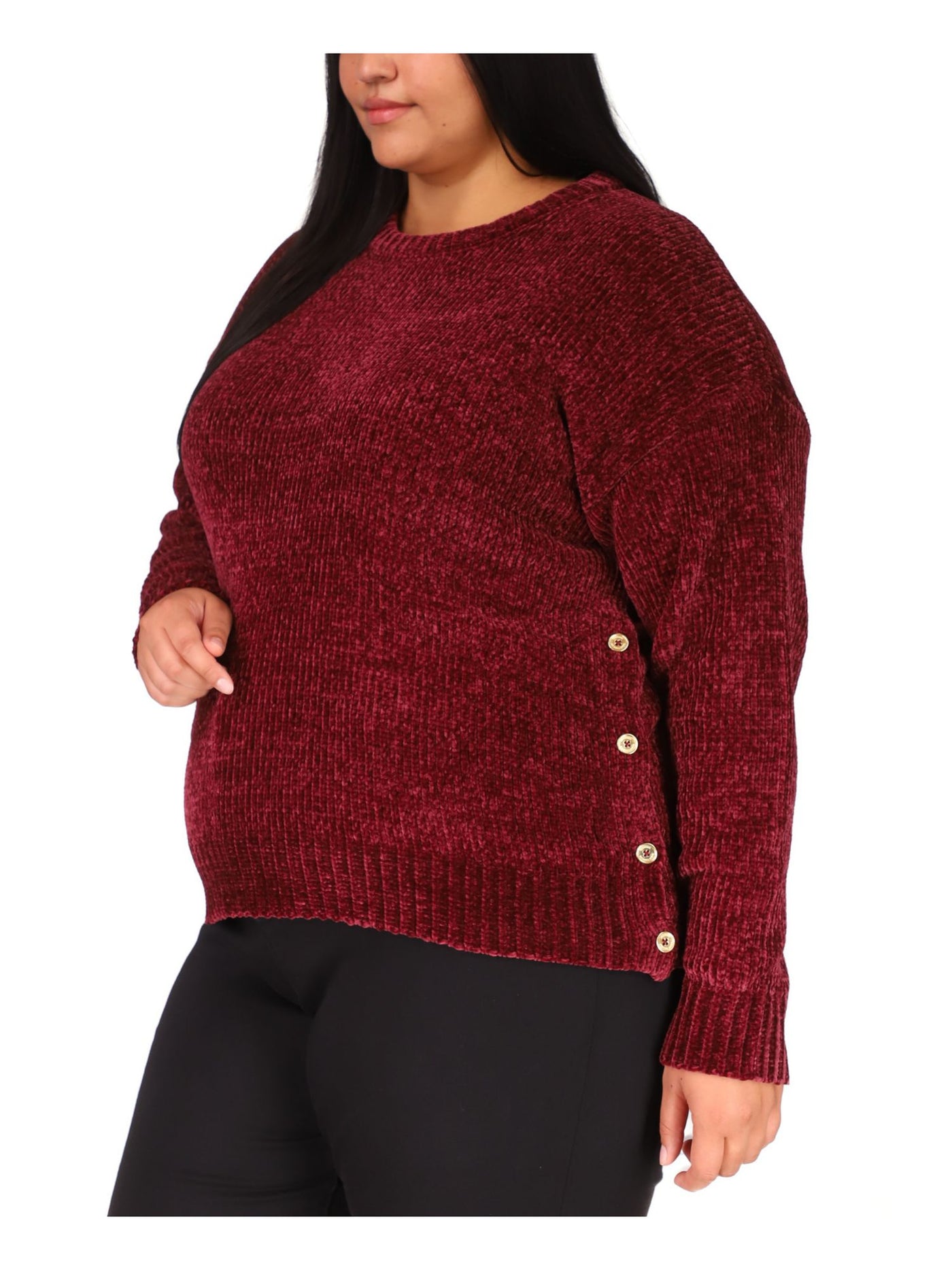 MICHAEL KORS Womens Maroon Stretch Ribbed Button Detail Long Sleeve Round Neck Sweater Plus 3X