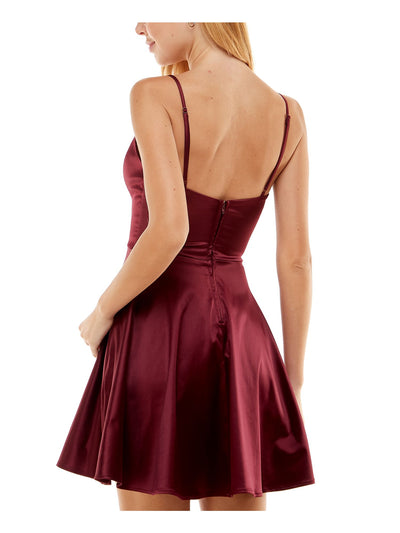 CITY STUDIO Womens Burgundy Zippered Fitted Satin Padded Lined Spaghetti Strap V Neck Short Party Fit + Flare Dress Juniors 9