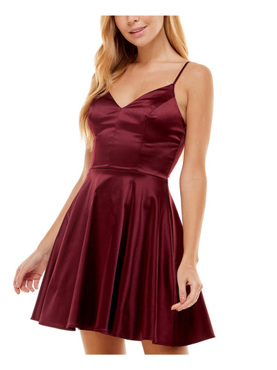 CITY STUDIO Womens Burgundy Zippered Fitted Satin Padded Lined Spaghetti Strap V Neck Short Party Fit + Flare Dress 9