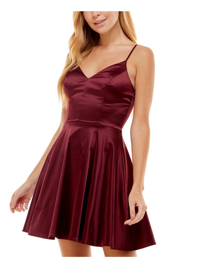 CITY STUDIO Womens Maroon Zippered Fitted Satin Padded Lined Spaghetti Strap V Neck Short Party Fit + Flare Dress Juniors 17