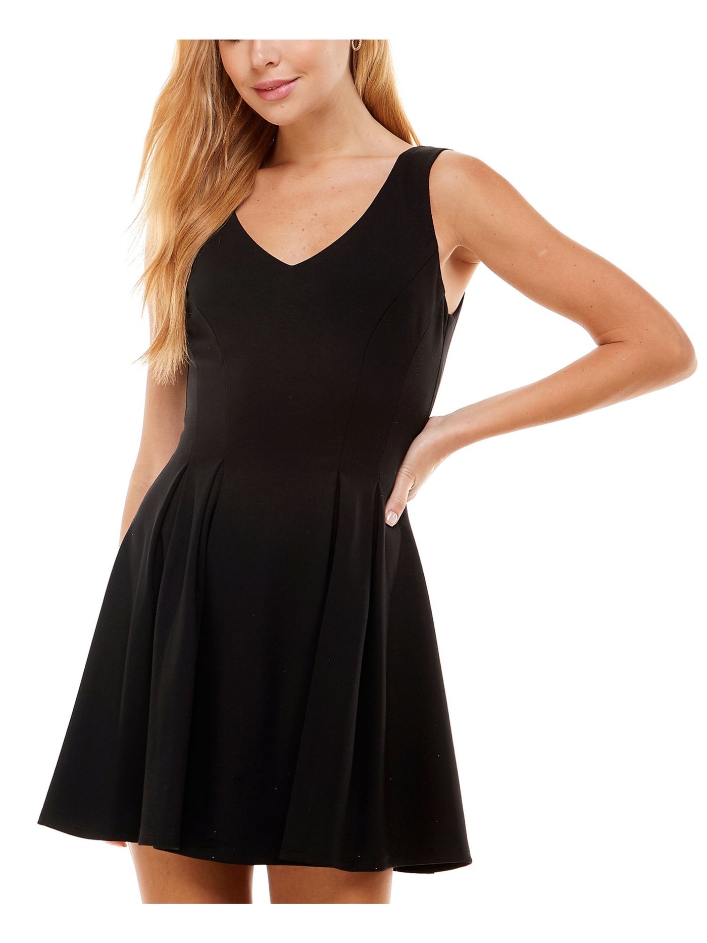 CITY STUDIO Womens Black Stretch Zippered Pleated Lined Sleeveless V Neck Mini Cocktail Fit + Flare Dress 3