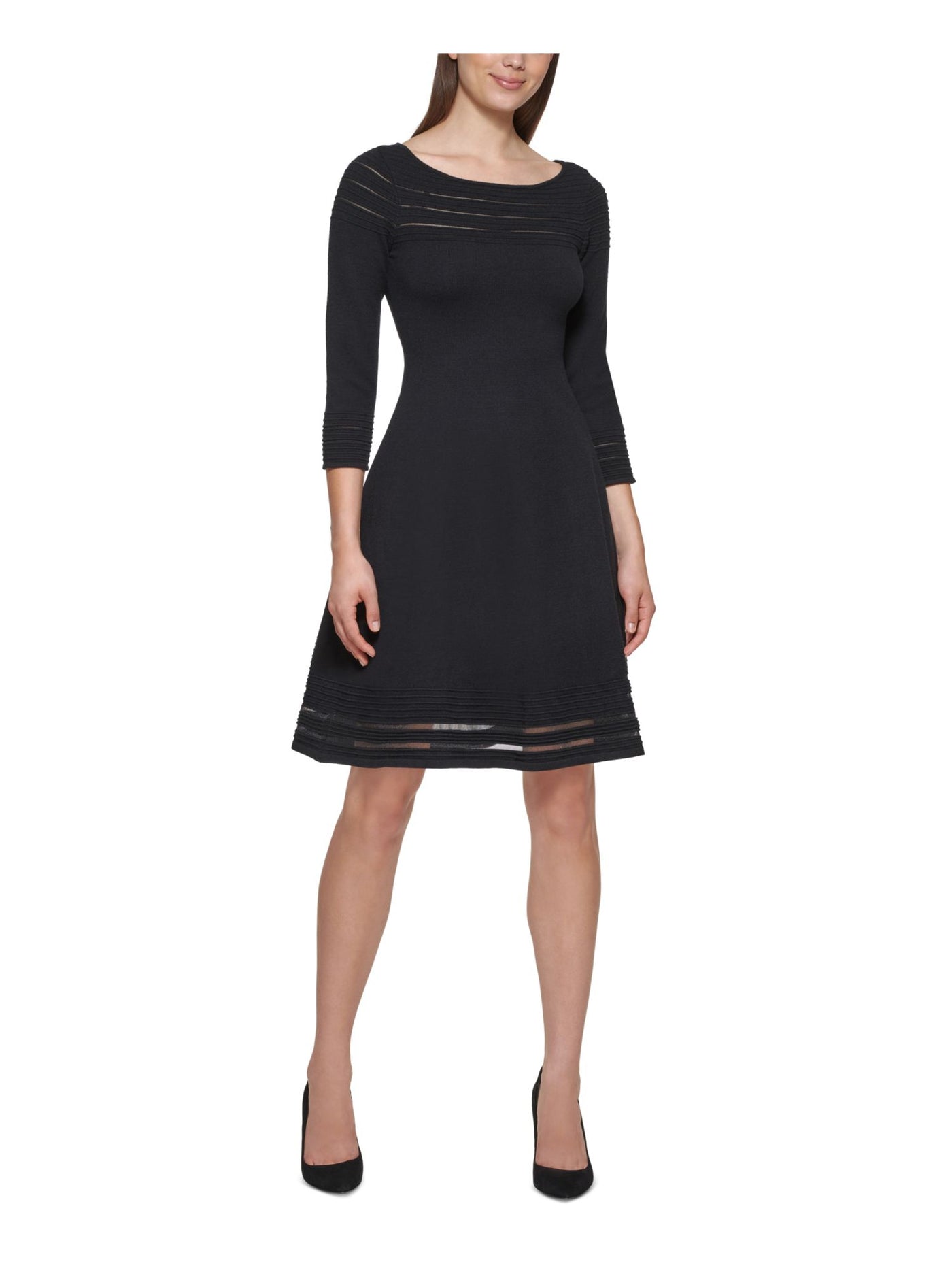 JESSICA HOWARD Womens Stretch Sheer Ribbed 3/4 Sleeve Round Neck Above The Knee Wear To Work Fit + Flare Dress