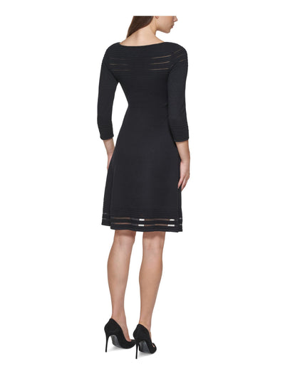 JESSICA HOWARD Womens Stretch Sheer Ribbed 3/4 Sleeve Round Neck Above The Knee Wear To Work Fit + Flare Dress