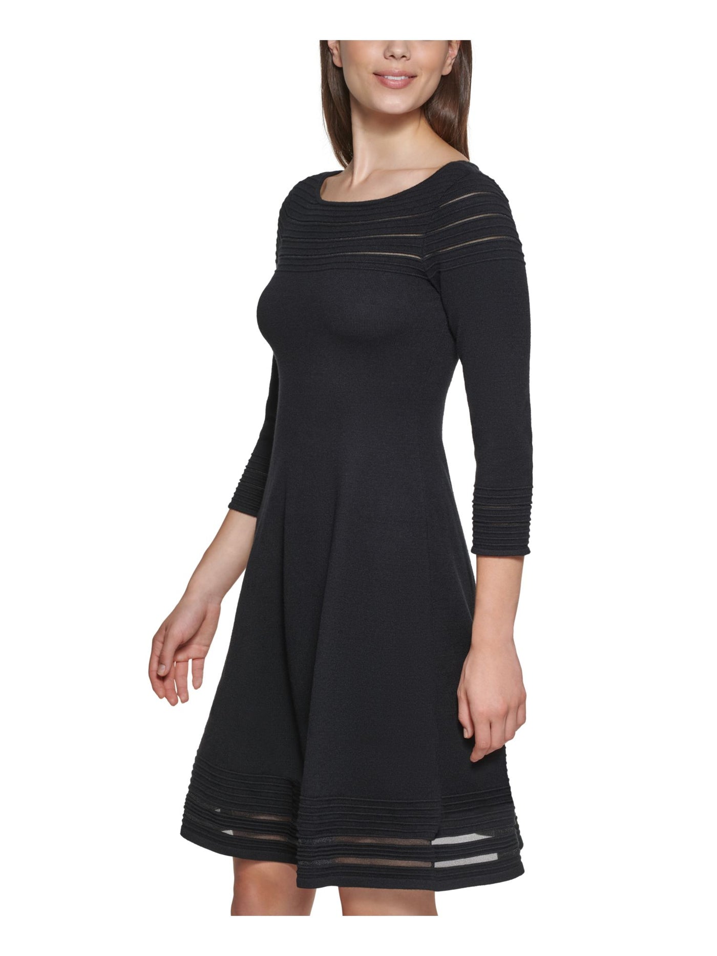 JESSICA HOWARD Womens Stretch Sheer Ribbed 3/4 Sleeve Round Neck Above The Knee Wear To Work Fit + Flare Dress