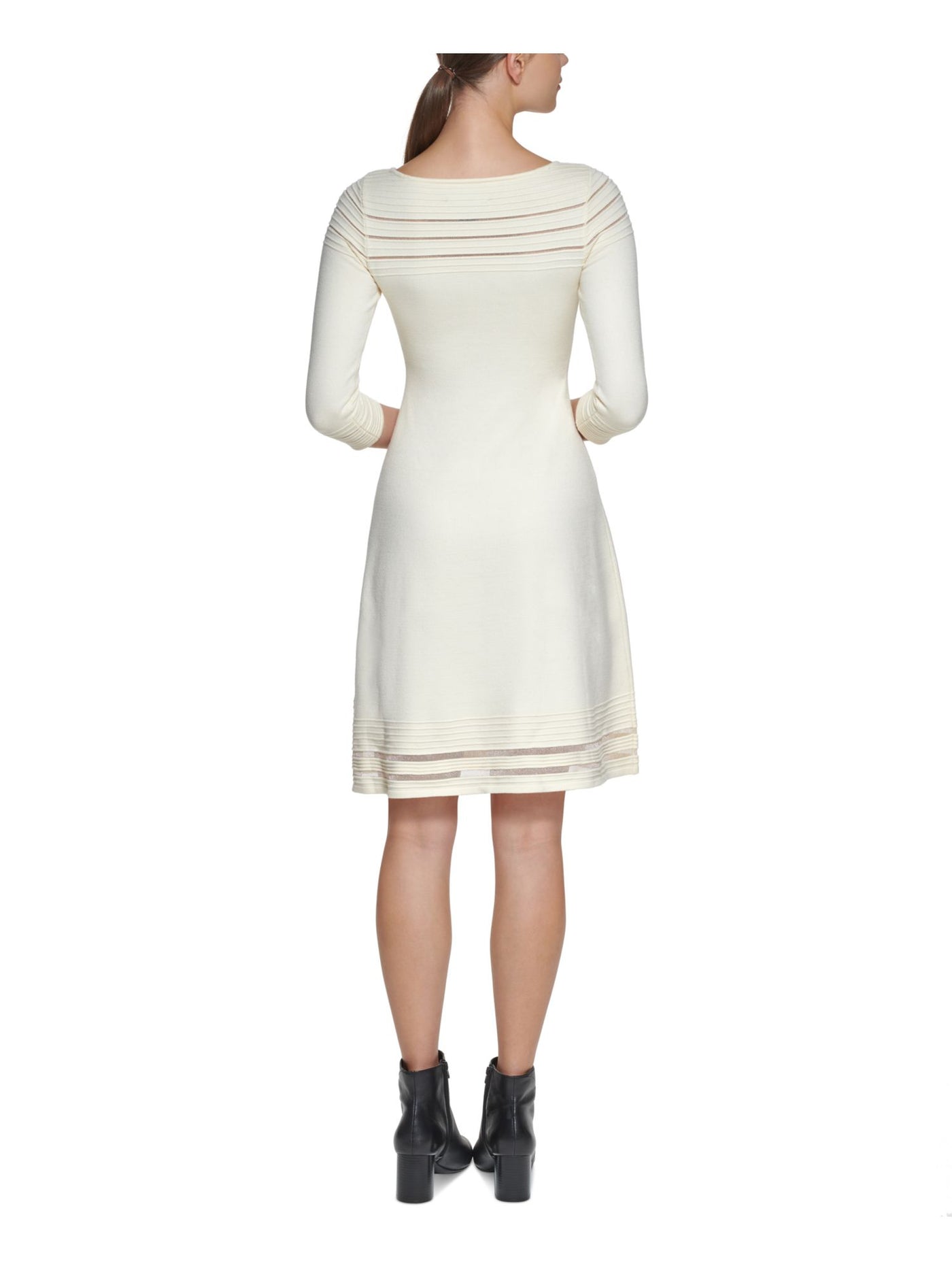 JESSICA HOWARD Womens Ivory Stretch Sheer Ribbed 3/4 Sleeve Round Neck Above The Knee Wear To Work Fit + Flare Dress Petites PL