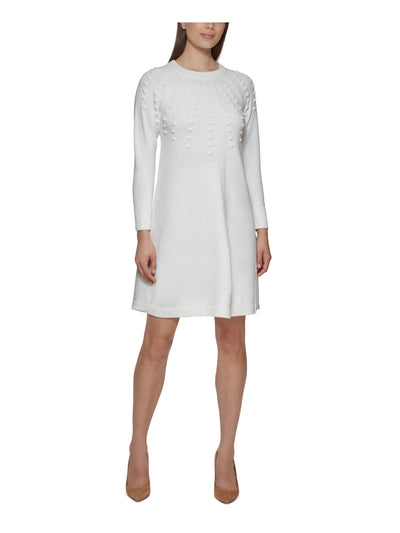 JESSICA HOWARD Womens Ivory Textured Sweater Long Sleeve Crew Neck Above The Knee Shift Dress Petites PXL