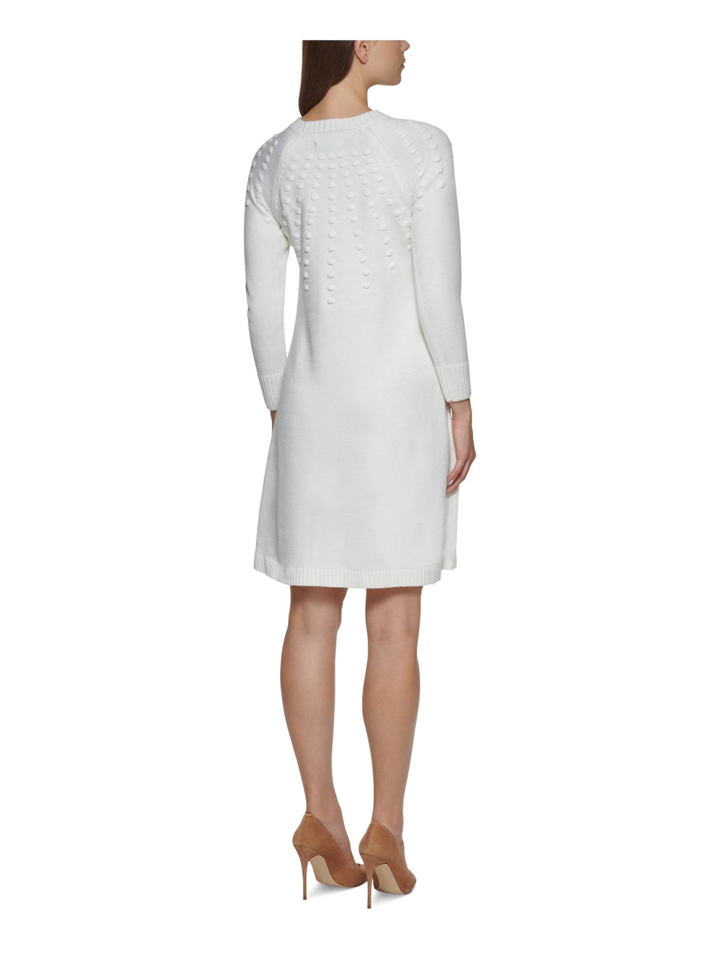 JESSICA HOWARD Womens Ivory Textured Sweater Long Sleeve Crew Neck Above The Knee Shift Dress Petites PXL