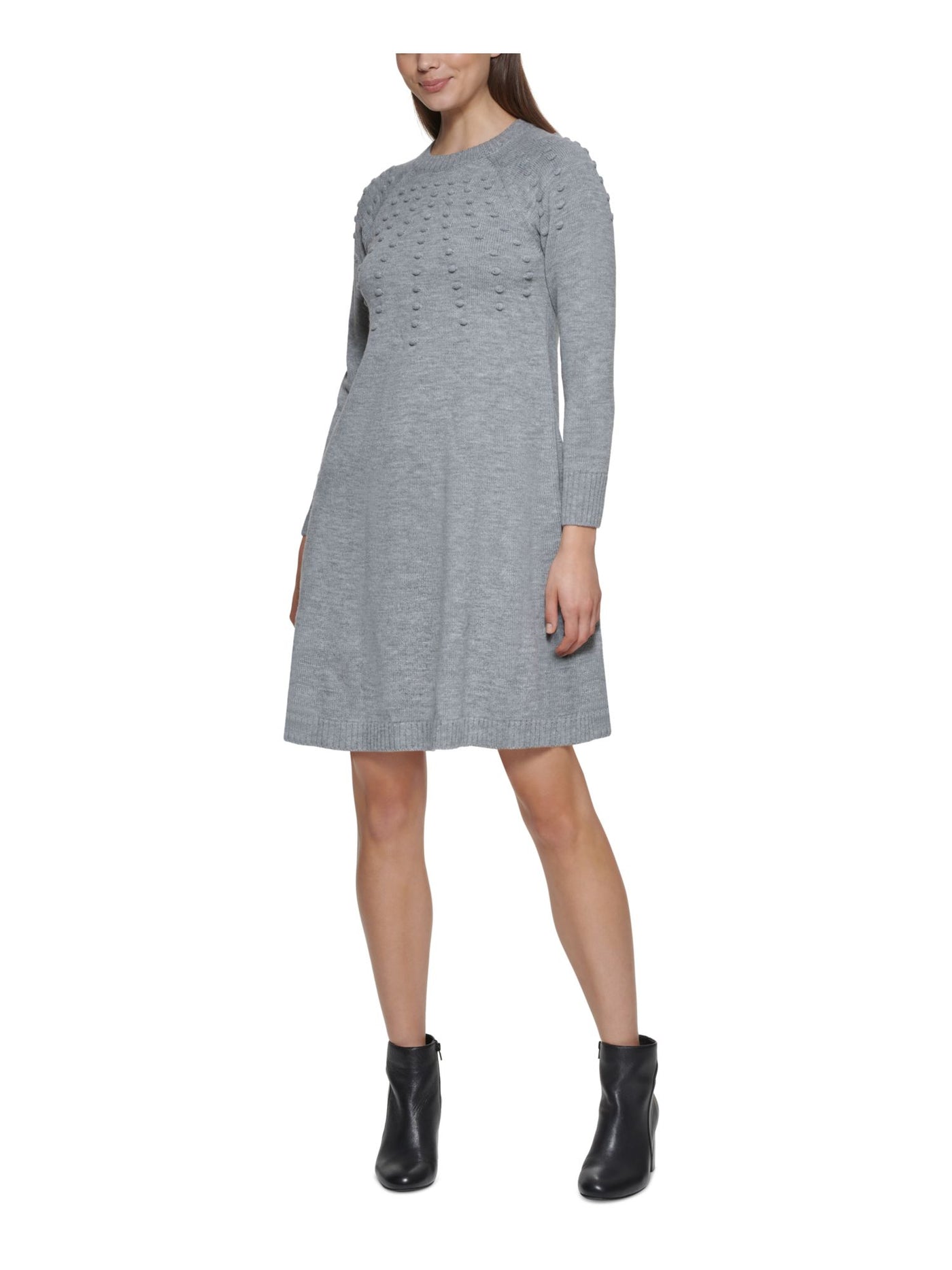 JESSICA HOWARD Womens Gray Textured Ribbed Pull Over Heather Long Sleeve Crew Neck Above The Knee Shift Dress Petites PL