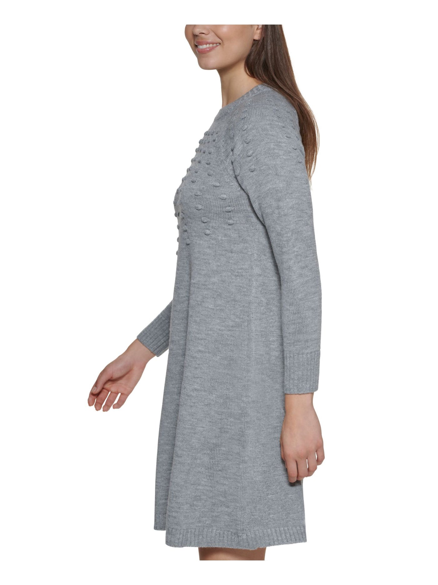 JESSICA HOWARD Womens Gray Textured Ribbed Pull Over Heather Long Sleeve Crew Neck Above The Knee Shift Dress Petites PL