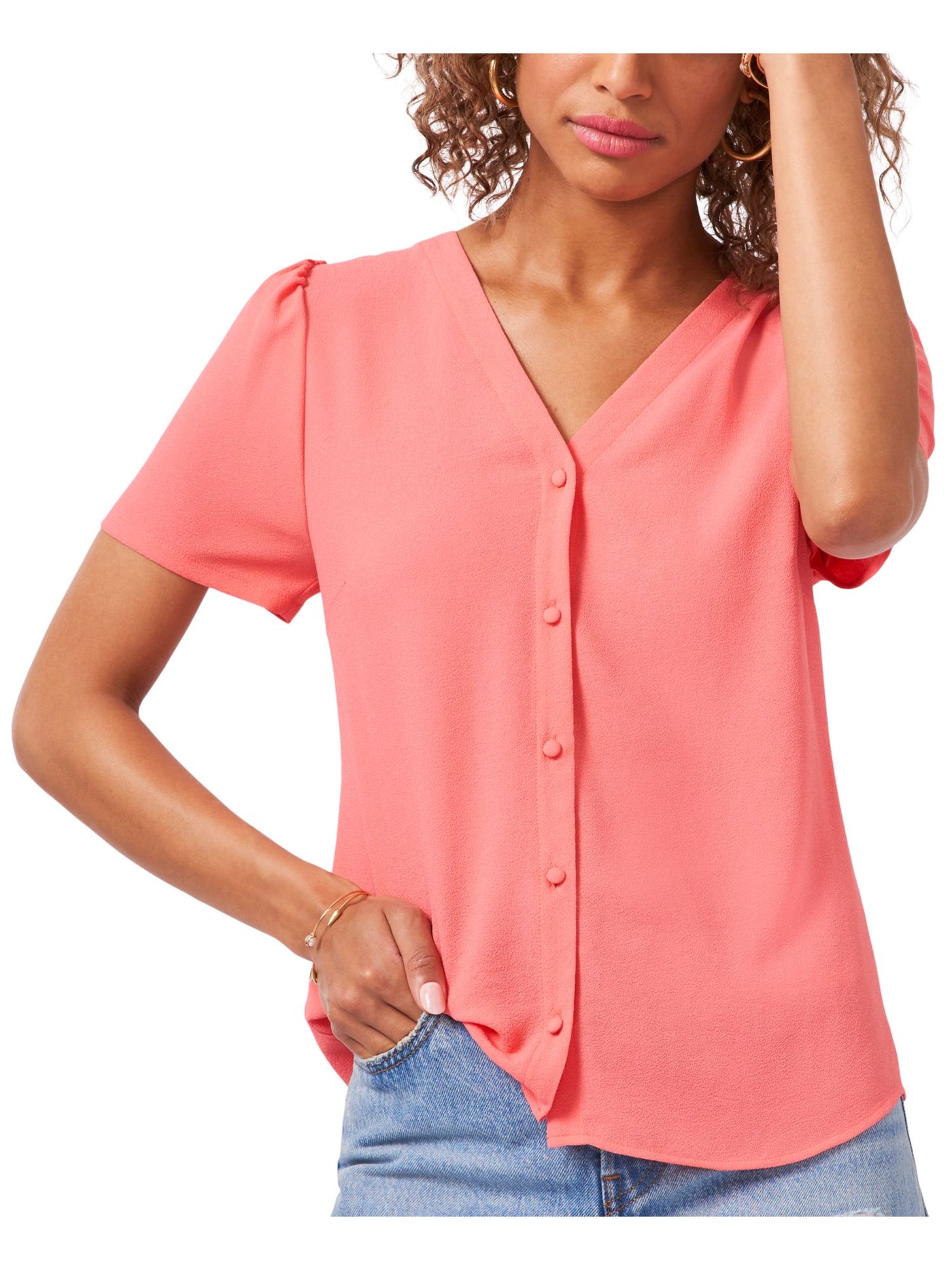 1. STATE Womens Coral Pouf Sleeve V Neck Button Up Top XS