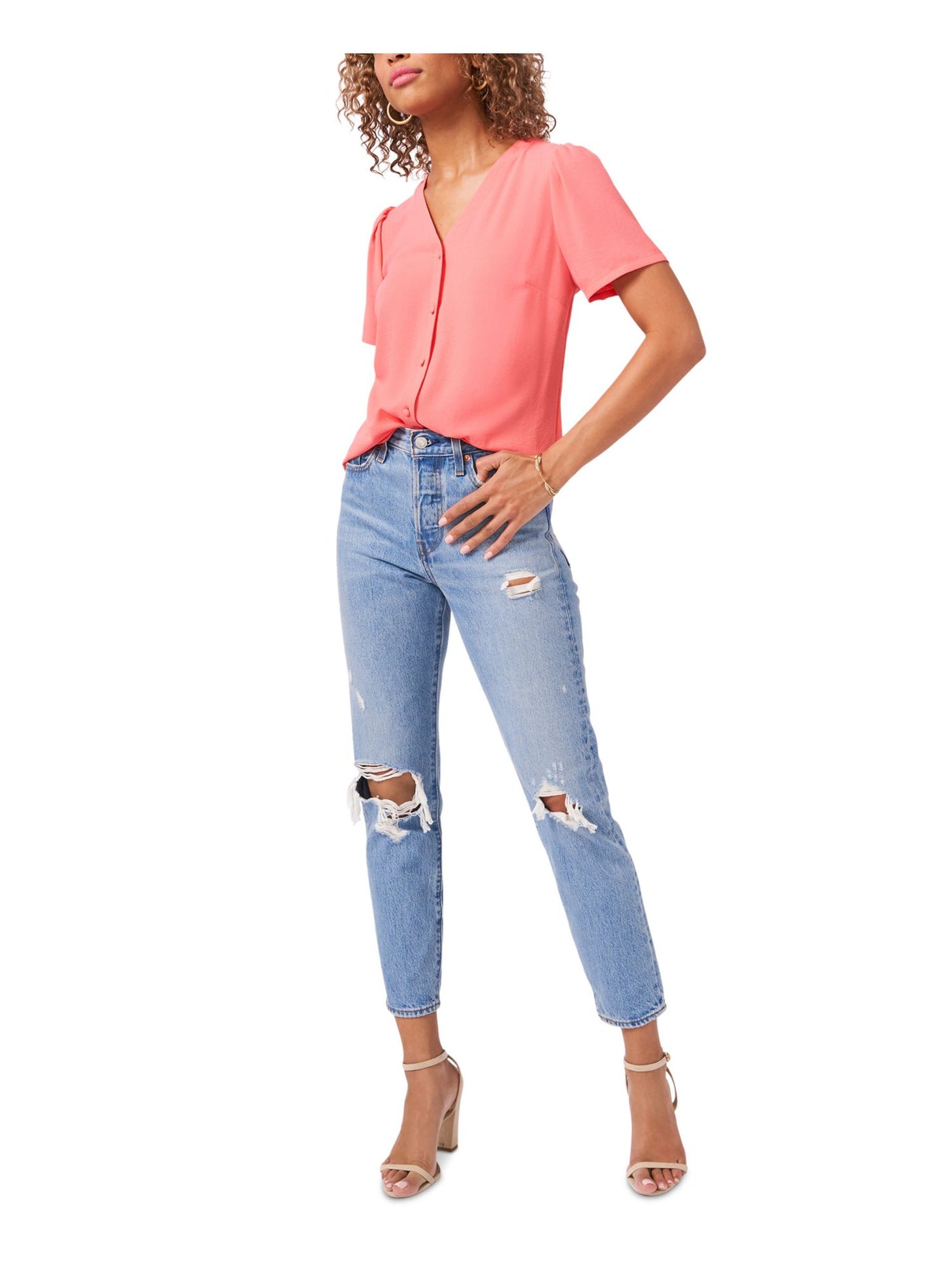 1. STATE Womens Pouf Sleeve V Neck Button Up Top