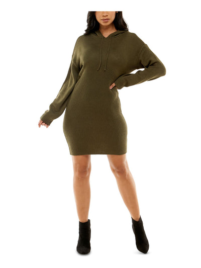 ALMOST FAMOUS Womens Green Ribbed Hoodie Unlined Long Sleeve Short Sweater Dress Juniors M
