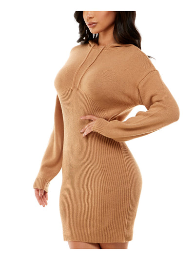 ALMOST FAMOUS Womens Beige Ribbed Hoodie Unlined Long Sleeve Short Evening Sweater Dress Juniors L