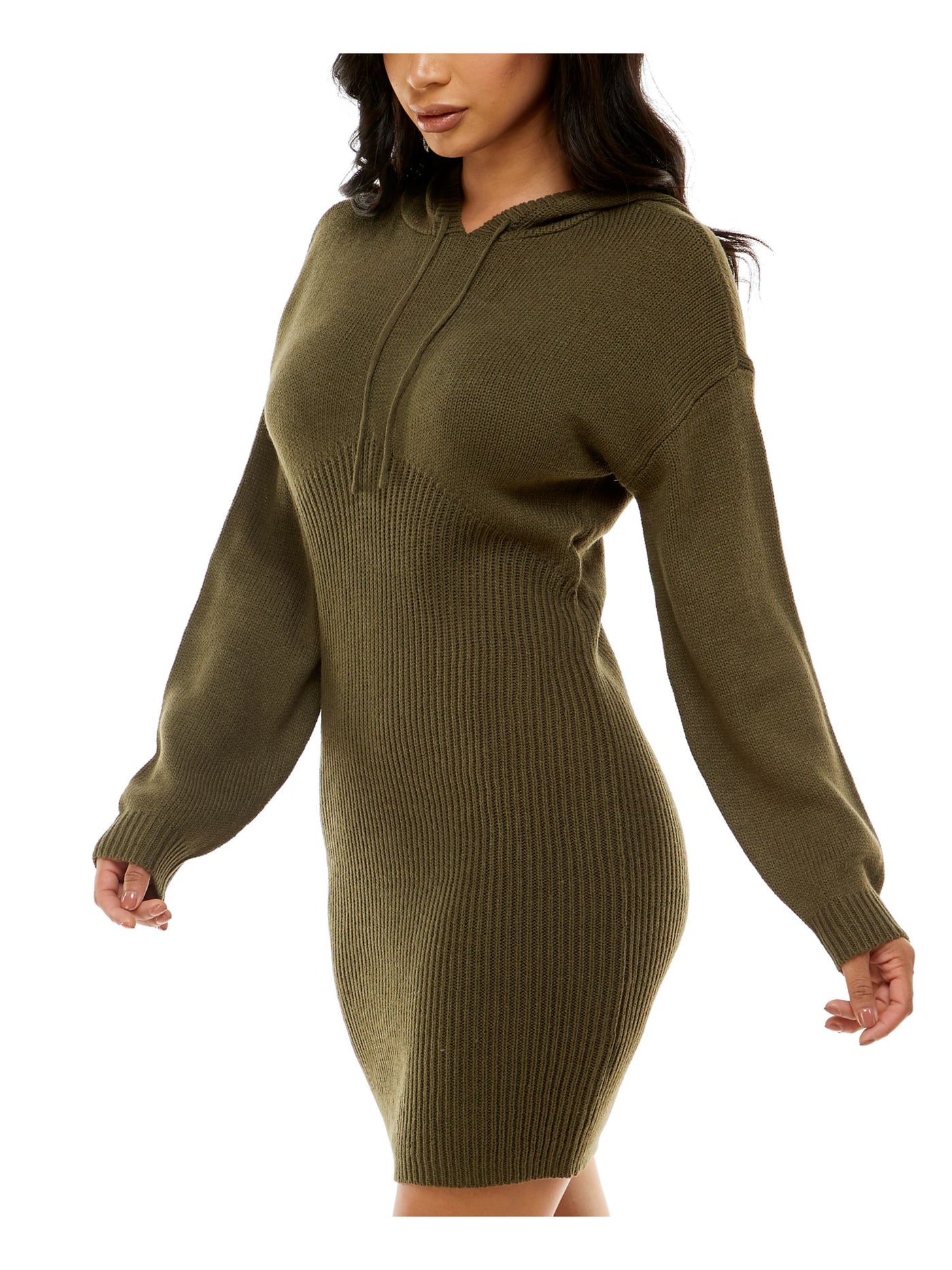 ALMOST FAMOUS Womens Green Ribbed Hoodie Unlined Long Sleeve Short Sweater Dress Juniors M