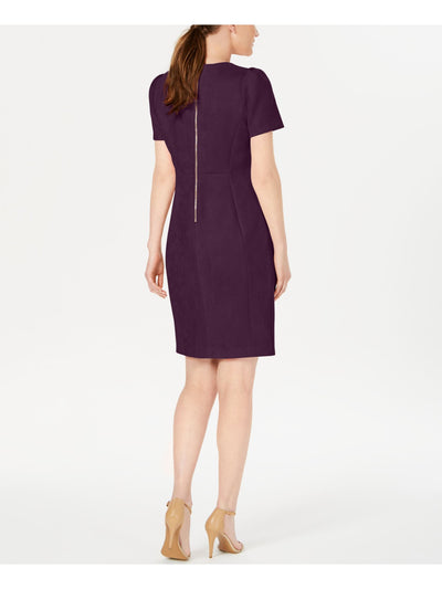 CALVIN KLEIN Womens Purple Unlined Shirred-shoulder Gold Tone Zippe Short Sleeve Jewel Neck Short Wear To Work Sheath Dress 4