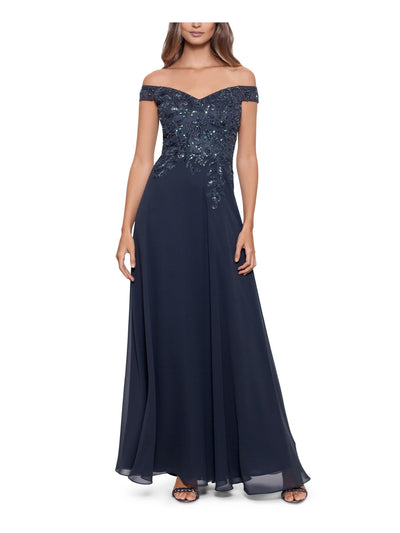 BETSY & ADAM Womens Navy Embellished Zippered Lined Short Sleeve Off Shoulder Full-Length Formal Gown Dress 6