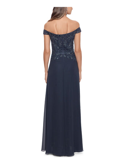 BETSY & ADAM Womens Navy Embellished Zippered Lined Short Sleeve Off Shoulder Full-Length Formal Gown Dress 6