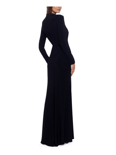 BETSY & ADAM Womens Black Jersey Zippered Slitted Contrast Lining Ruched Long Sleeve Asymmetrical Neckline Full-Length Evening Gown Dress 8