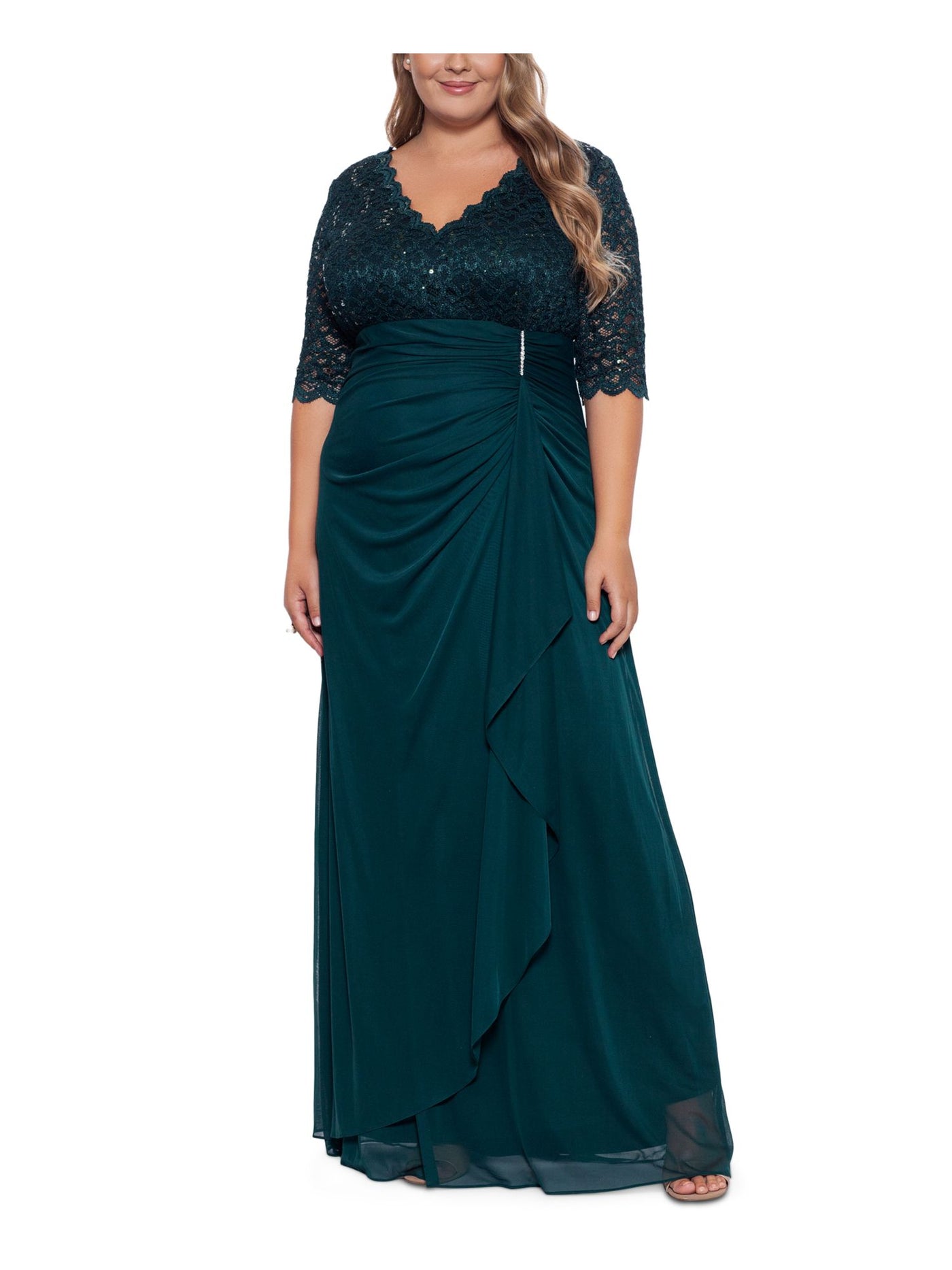 BETSY & ADAM Womens Green Sequined Lace Zippered V-back Lined Elbow Sleeve V Neck Full-Length Evening Gown Dress Plus 16W