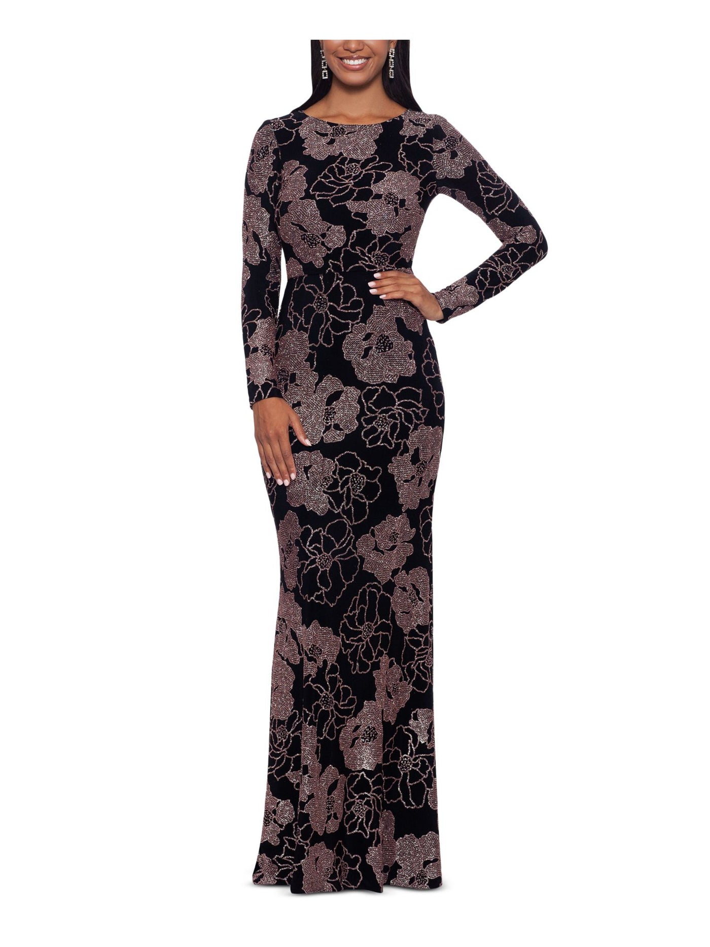 B&A  BY BETSY & ADAM Womens Black Metallic Zippered Lined Floral Long Sleeve Boat Neck Full-Length Formal Gown Dress 4