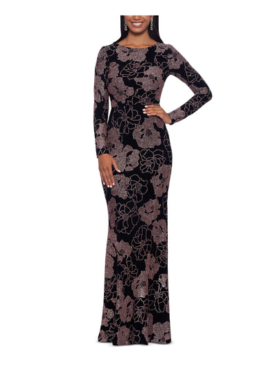 B&A  BY BETSY & ADAM Womens Black Metallic Zippered Lined Floral Long Sleeve Boat Neck Full-Length Formal Gown Dress 4
