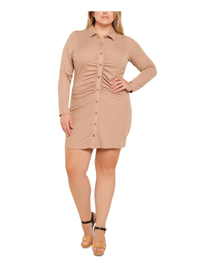 ULTRA FLIRT Womens Ribbed Ruched Button Front Long Sleeve Collared Above The Knee Wear To Work Body Con Dress