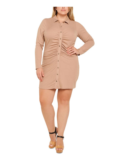 ULTRA FLIRT Womens Beige Ribbed Ruched Button Front Long Sleeve Collared Above The Knee Wear To Work Body Con Dress Plus 2X