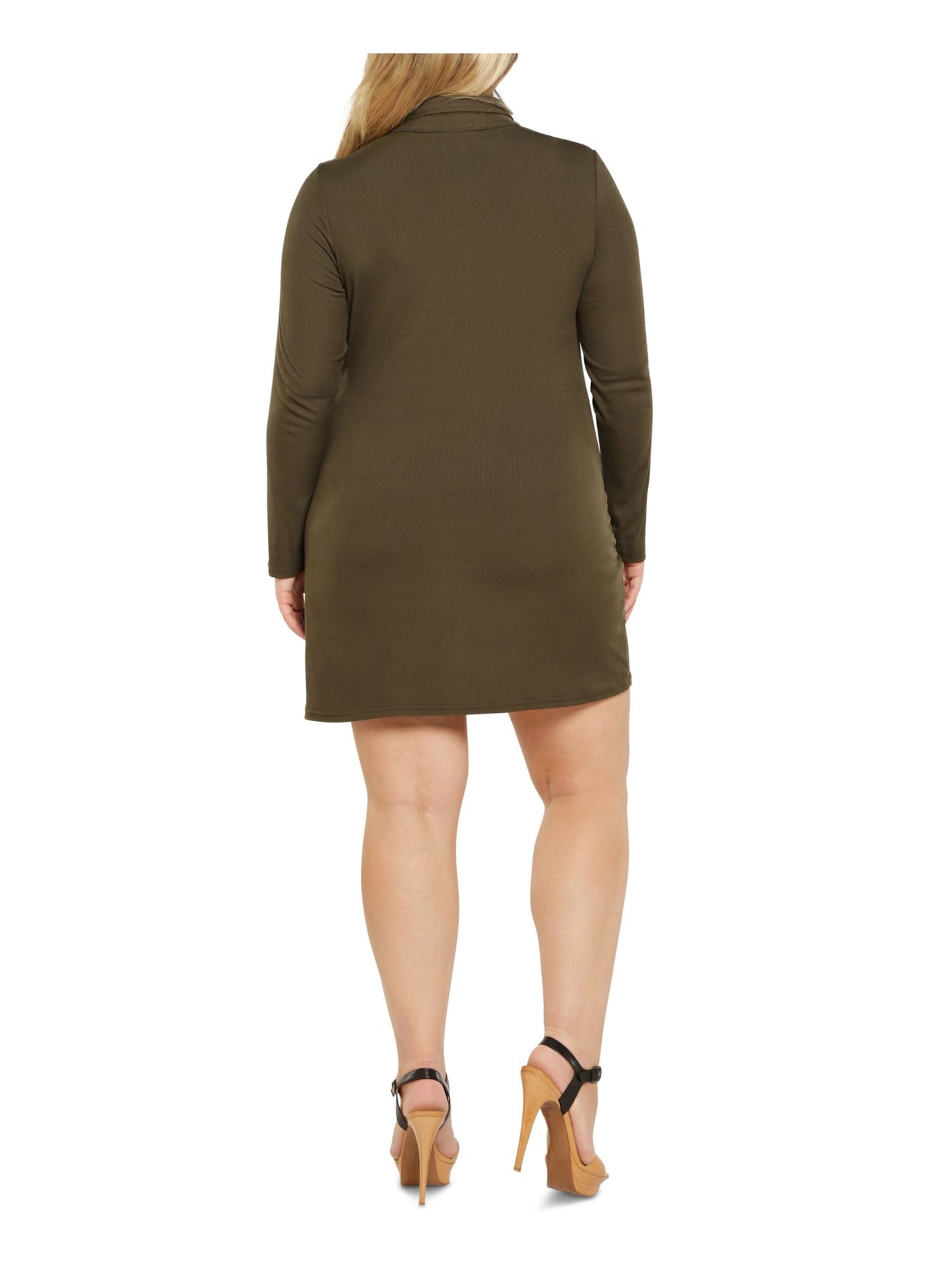 ULTRA FLIRT Womens Green Ribbed Ruched Button Front Long Sleeve Collared Above The Knee Wear To Work Body Con Dress Plus 1X