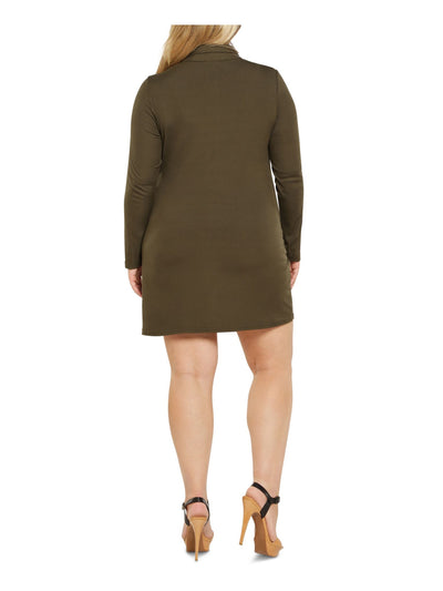 ULTRA FLIRT Womens Green Ribbed Ruched Button Front Long Sleeve Collared Above The Knee Wear To Work Body Con Dress Plus 1X