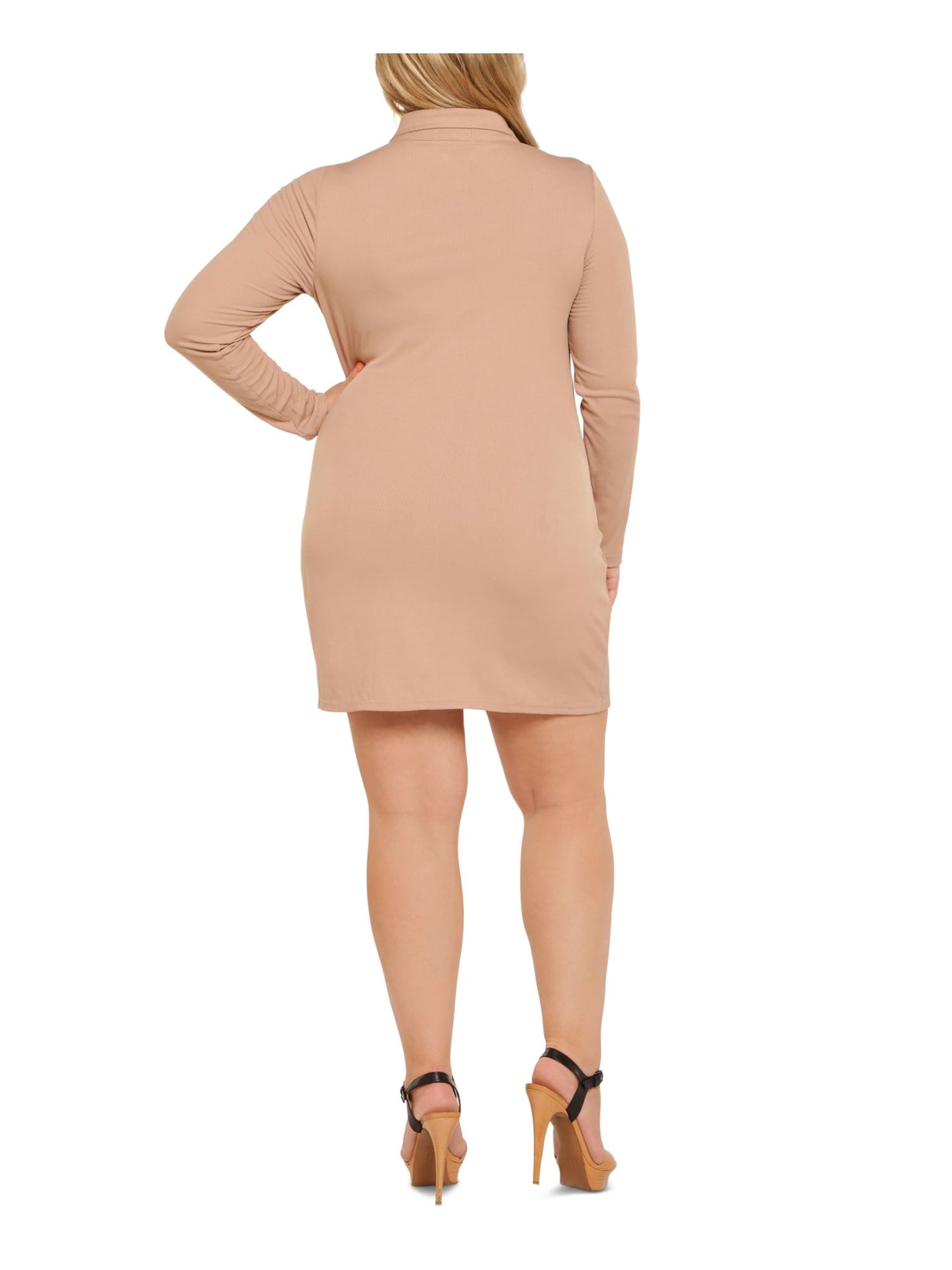 ULTRA FLIRT Womens Beige Ribbed Ruched Button Front Long Sleeve Collared Above The Knee Wear To Work Body Con Dress Plus 2X