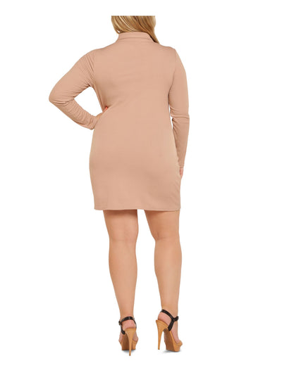 ULTRA FLIRT Womens Beige Ribbed Ruched Button Front Long Sleeve Collared Above The Knee Wear To Work Body Con Dress Plus 2X