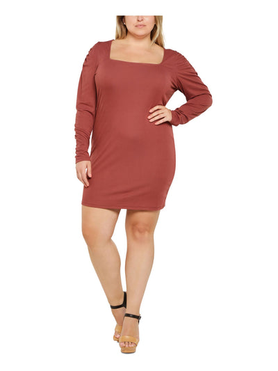 ULTRA FLIRT Womens Brown Stretch Ribbed Ruched-sleeve Long Sleeve Square Neck Mini Cocktail Body Con Dress Plus 2X