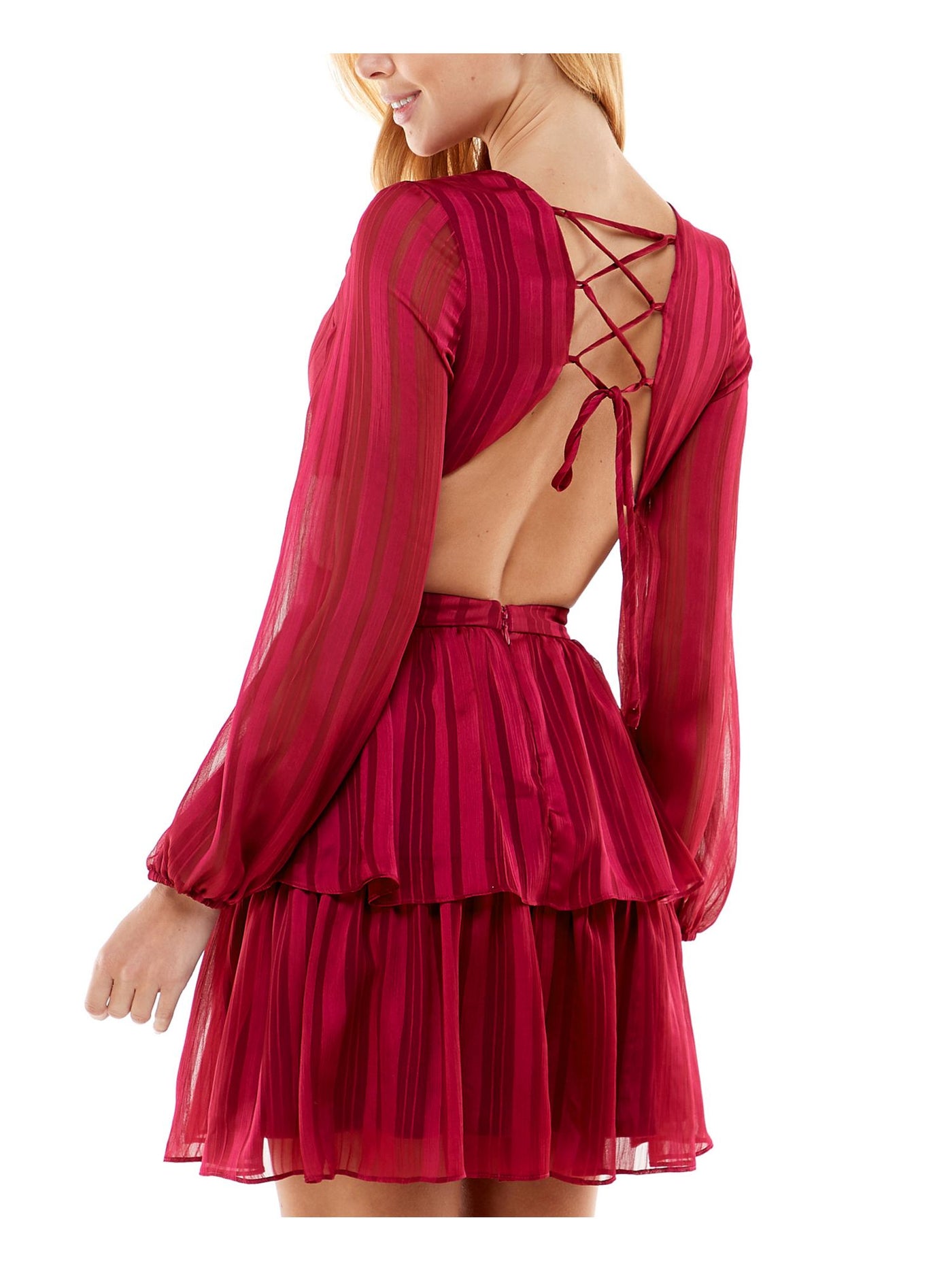 CITY STUDIO Womens Red Cut Out Rhinestone Lace-up Back Corset Sheer Striped Blouson Sleeve V Neck Mini Party Fit + Flare Dress 5